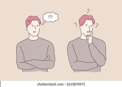 Problem, speech bubble, stress, thinking set concept. Young man has business problem, exclaims in speech bubble. Critical thinking is helpful. Raise of stress level makes nervous. Simple flat vector