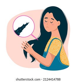 Problem of split ends. Sad girl  looks at her damaged long hair. Vector