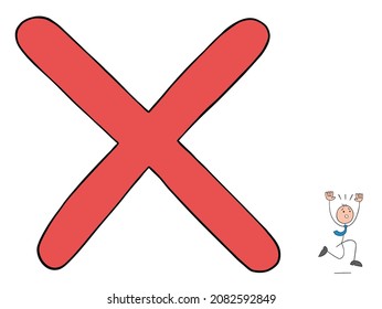 Problema, el hombre de negocios pegajoso tiene miedo de la enorme cruz y se escapa. Ilustración vectorial de esquema dibujado a mano.