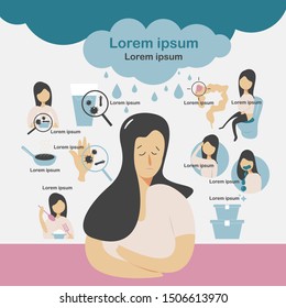 Problem with stomachache. Character in bathroom room sitting on toilet. Diarrhea infographics dizziness, and nausea, 