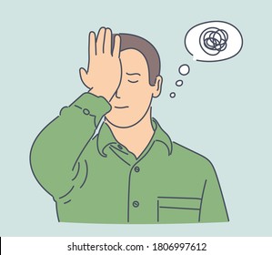 Problem, stress, thinking set concept. Young man has business problem, exclaims in speech bubble. Critical thinking is helpful. Raise of stress level makes nervous. Simple flat vector