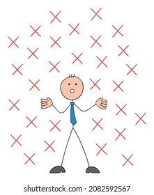 Problem, there are so many crosses around stickman businessman, rejected and taken aback. Hand drawn outline cartoon vector illustration.