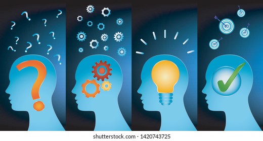 Problem thinking inspiration idea and success. Human head problem analysis solution concept. Head series with problem solving symbols. Blue background