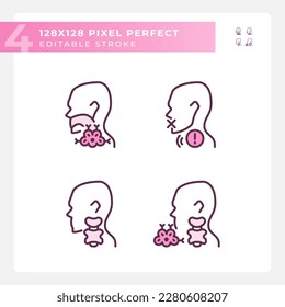 Problem with throat treatment pixel perfect RGB color linear icons set. Healthcare for patients. Gullet diagnostics. Isolated vector illustration. Simple filled line drawing. Editable stroke