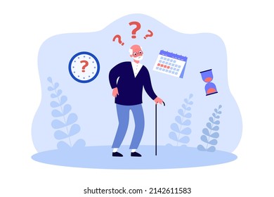 Problem with time management of elderly man. Tiny old person with question marks, schedule, clock flat vector illustration. Dementia, Alzheimer concept for banner, website design or landing web page