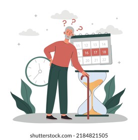 Problem time management. Grandpa near calendar, metaphor for successful and inefficient workflow. Lazy character does not have time to finish project by deadline. Cartoon flat vector illustration