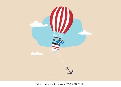 Problem or trouble to prevent business to grow up, mistake or failure, obstacle or error to make business fail, frustrated businessman look at heavy tied anchor to prevent his balloon to flying up.