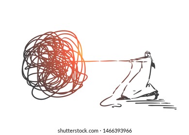 Problem, trouble, risk, danger concept sketch. Man from Saudi Arabia trying to unravel huge thread. Hand drawn isolated vector illustration