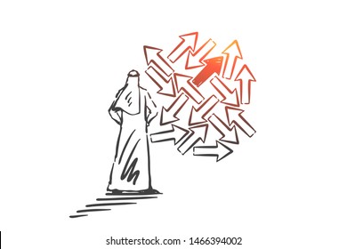 Problem, trouble, risk, danger concept sketch. Man from Saudi Arabia standing and trying to choose right direction from variety. Hand drawn isolated vector illustration