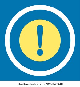 Problem vector icon. This rounded flat symbol is drawn with yellow and white colors on a blue background.
