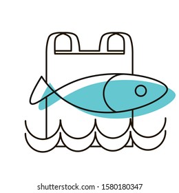 The problem of water and ocean pollution with polyethylene. Fish and package. Design element. Vector illustration. Icon with shadow isolated on white background.