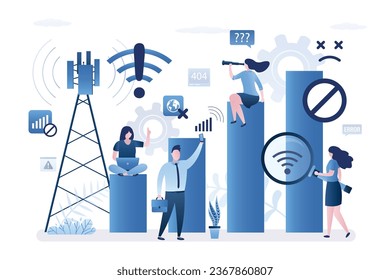 Problema con la conexión inalámbrica a internet. Antena rota en torre de comunicación. Diferentes personas tratando de captar baja señal en los artilugios inteligentes. Área sin WiFi, nivel de señal bajo. ilustración vectorial plana