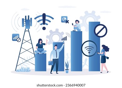 Problema con la conexión inalámbrica a internet. Antena imperativa en torre de comunicación. Diferentes personas tratando de captar la señal en sus artilugios inteligentes. Área sin Wi-Fi, bajo nivel de señal. ilustración vectorial