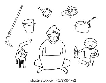 Problem of work from home concept. Woman with laptop, crying child, cat, household duties. Hand drawn doodle vector contour illustration isolated on white. Mother working home. Freelance, quarantine