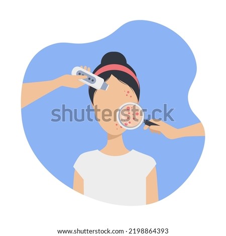 Problematic acne skin. Examination of the skin of a young woman through a magnifying glass