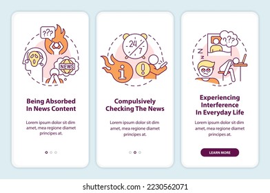 Problematic news consumption onboarding mobile app screen. Walkthrough 3 steps editable graphic instructions with linear concepts. UI, UX, GUI template. Myriad Pro-Bold, Regular fonts used