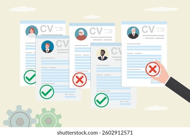 Problems of aging and employment discrimination, inequality in rights and difficulties in career for older people. HR agent hand examining candidates resumes and give check or cross marks. flat vector