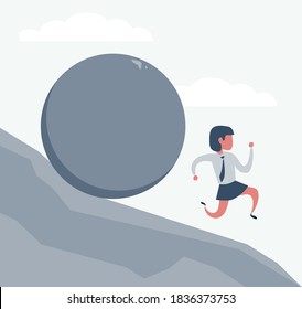 Problemas de negocios - empresaria corriendo de una piedra rodante. Ilustración vectorial, diseño moderno de estilo empresarial blanco y gris minimalista.