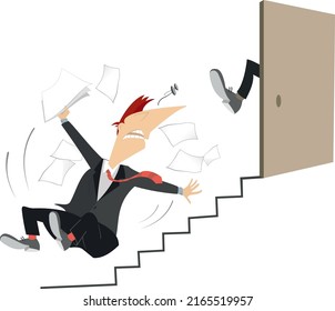 Problems With Business Communication Concept. 
Man Is Given A Kick To The Buttocks By The Leg From Outside The Open Door And Falls Down The Stairs
