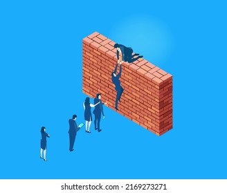 Problems in business, help and support, Business people and brick wall. Isometric illustration