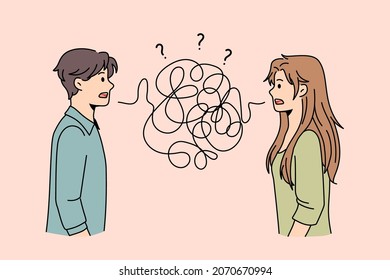 Problems in communication of couple concept. Frustrated young man and woman standing with thorn thread between them having troubles with understanding each other vector illustration 