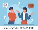 Problems in communication. Man does not understand what woman saying to him. Communication and interaction, mental health. uncertainty and confusion. Poster or banner. Cartoon flat vector illustration