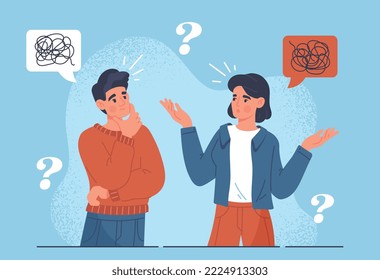 Problemas de comunicación. El hombre no entiende lo que le dice la mujer. Comunicación e interacción, salud mental. incertidumbre y confusión. Afiche o pancarta. Dibujo vectorial plano de dibujos animados