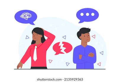 Problems in communication. Man and girl do not talk to each other. Quarrel in family, dissatisfied husband and wife. Relationship confusion, sorrow and stress. Cartoon flat vector illustration