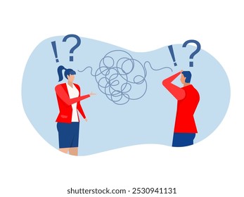 Problems in communication, mess or chaos communicate, conflict opinion,miscommunicate unclear message and information,business people colleagues communicate with messy line.