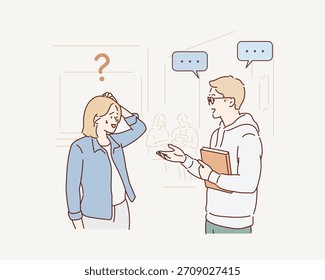Problemas en la comunicación. La mujer no entiende lo que el hombre le dice. Comunicación e interacción, salud mental. Ilustración vectorial original dibujada a mano.
