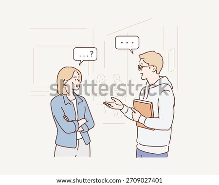 Problems in communication. woman does not understand what man saying to her. Communication and interaction, mental health. Original vector illustration drawn by hand.