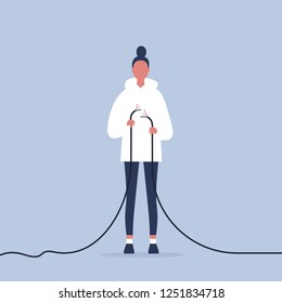 Problems in communication. Young female character trying to fix the torn wire / flat editable illustration, clip art