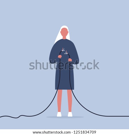 Problems in communication. Young female character trying to fix the torn wire / flat editable illustration, clip art