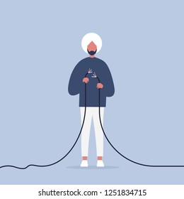 Problems in communication. Young indian character trying to fix the torn wire / flat editable illustration, clip art