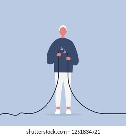 Problems in communication. Young male character trying to fix the torn wire / flat editable illustration, clip art