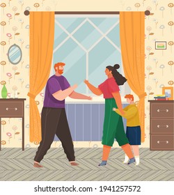 Problems and conflict in family, fight and arguing, quarreling over child in family. Unhappy boy