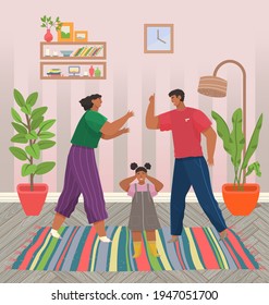 Problems and conflict in family, fight and arguing, quarreling over child in family. Unhappy girl
