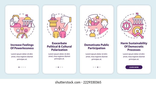 Problems of conventional engagement onboarding mobile app screen. Walkthrough 4 steps editable graphic instructions with linear concepts. UI, UX, GUI template. Myriad Pro-Bold, Regular fonts used