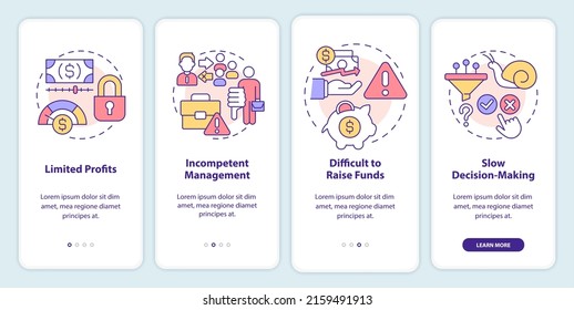 Problems of co-ops onboarding mobile app screen. Partnership issues walkthrough 4 steps graphic instructions pages with linear concepts. UI, UX, GUI template. Myriad Pro-Bold, Regular fonts used
