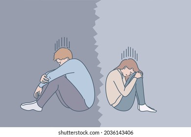 Problems in couple relations concept. Young sad depressed couple sitting back to back crying feeling lonely having bad relationships splitting up vector illustration 