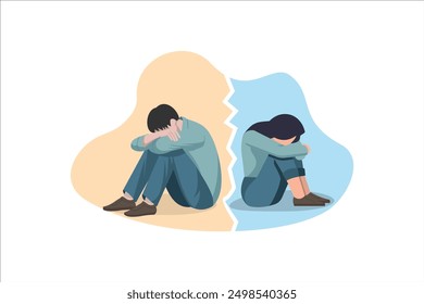 Problems in couple relations concept. Young sad depressed couple sitting back to back crying feeling lonely having bad relationships splitting up vector illustration