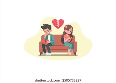 Problems in couple relations concept. Young sad depressed couple sitting back to back crying feeling lonely having bad relationships splitting up vector illustration.