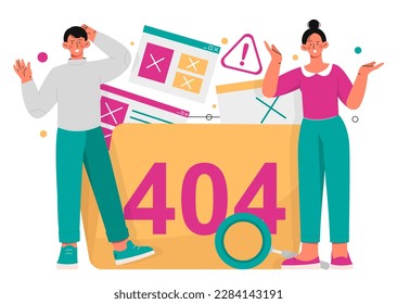 Problems with data. Man and woman in front of folder with numbers 404. System error and deleted information. Lost Information at computer or laptop. Cartoon flat vector illustration