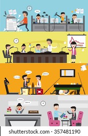 Problems and disasters in bad business company for each department such as office employee working section, meeting room, lazy leisure relaxing room, and reception for visitor banner (cartoon vector) 