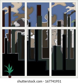 Problems of ecology concept. Industrial building factory, smoke from the chimneys, vector illustration.