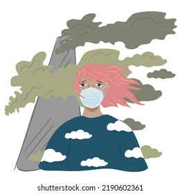 Problems of ecology and environmental pollution by industrial waste and emissions. A man wearing a protective mask against chemical emissions from a factory pipe. The concept of ecology
