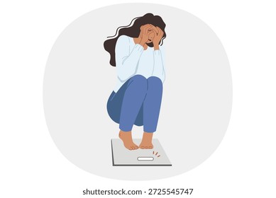Problems with excess weight cause hysterics in woman who steps on scale and sees appearance new kilograms. Girl suffers from excess weight caused by immobility and eating unhealthy high-calorie foods