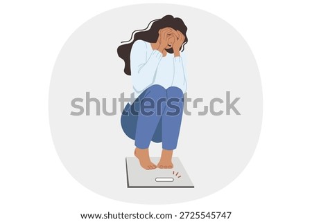 Problems with excess weight cause hysterics in woman who steps on scale and sees appearance new kilograms. Girl suffers from excess weight caused by immobility and eating unhealthy high-calorie foods