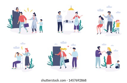 Problems In Family Set. Father And Mother Quarrel, Divorce Concept. Unhappy Child Crying. Conflict Between Mother And Father. Isolated Vector Illustration In Flat Style