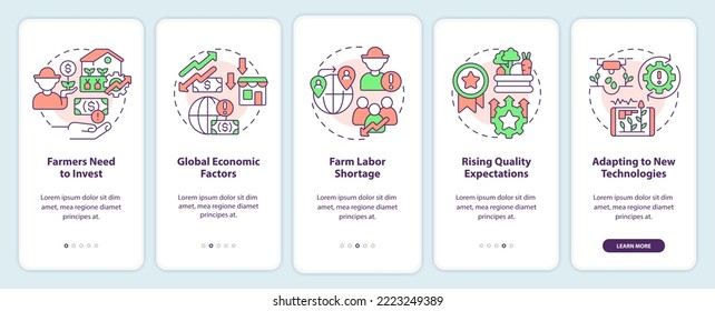 Problems farmers face onboarding mobile app screen. Agriculture issue walkthrough 5 steps editable graphic instructions with linear concepts. UI, UX, GUI template. Myriad Pro-Bold, Regular fonts used